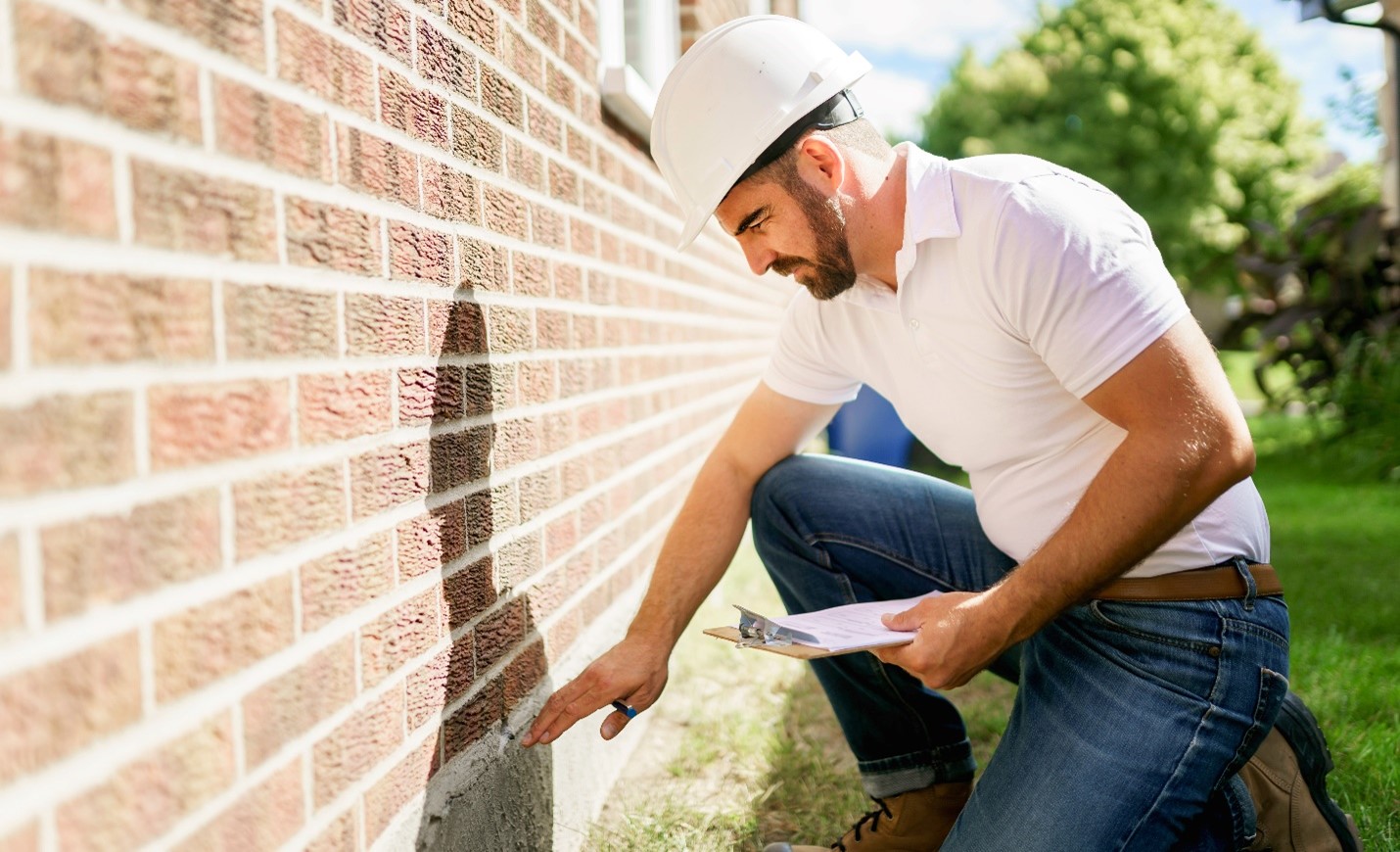 A home inspector with a hard hat inspecting a concrete foundation.